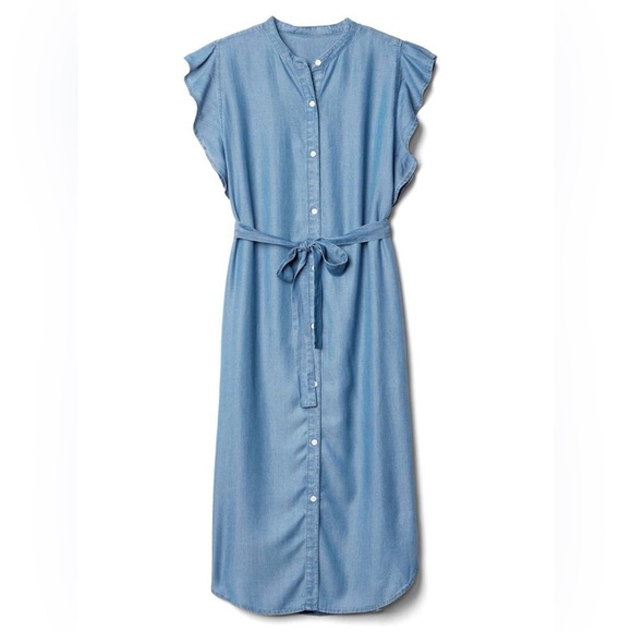 EUC Gap Flutter Sleeve Chambray Tencel Midi Shirt Dress - Med Indigo - Size XS - Picture 4 of 14